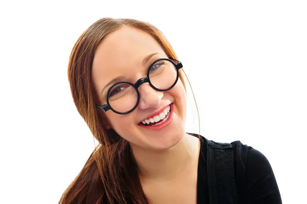 Mladá žena s úsměvem studentů. nad bílým pozadím — Stock fotografie