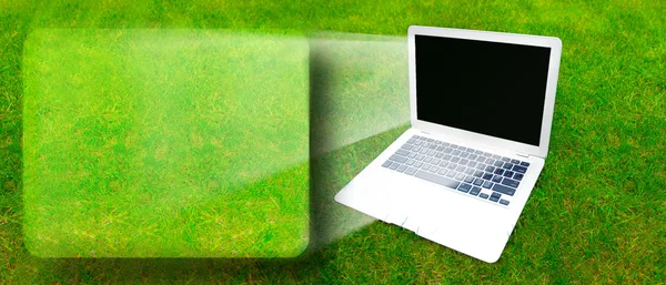 Ноутбук на траве — стоковое фото