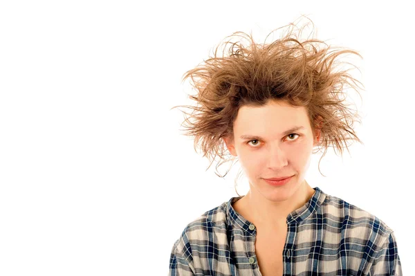 Porträtt av rolig ung man med awesome frisyr isolerad på whit — Stockfoto