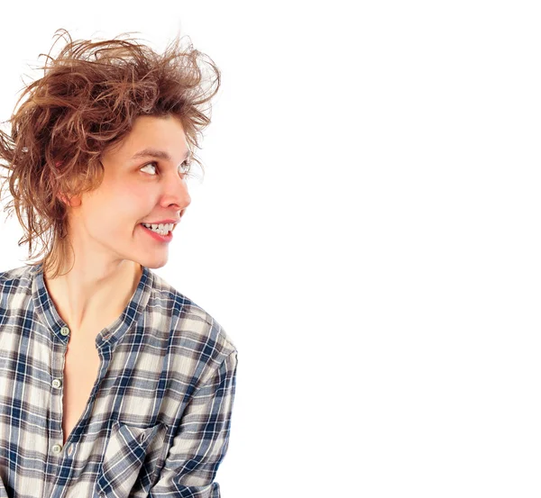Porträtt av rolig ung man med awesome frisyr isolerad på whit — Stockfoto