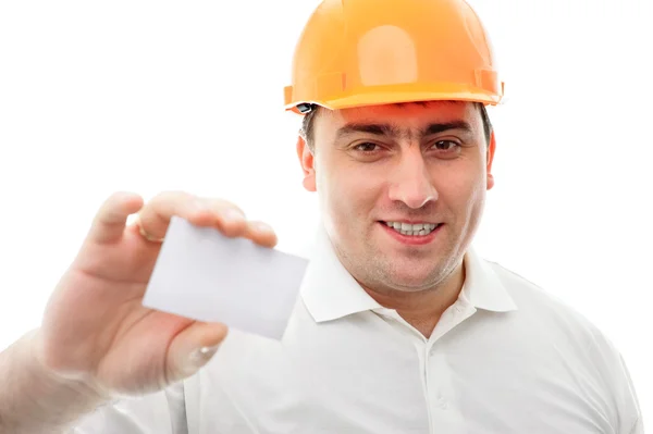 Closeup portrait of adult engineer man holding blank business ca — Stock Photo, Image