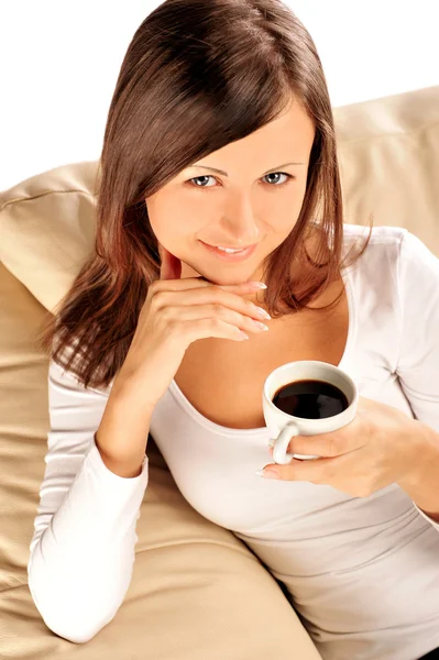 Closeup portrait of beautiful caucasian woman sitting on comfort — Stock Photo, Image