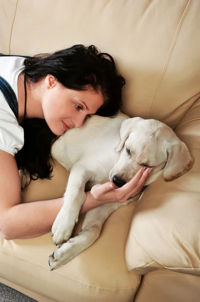 ソファの上に座っている犬を持つ若い女 — ストック写真