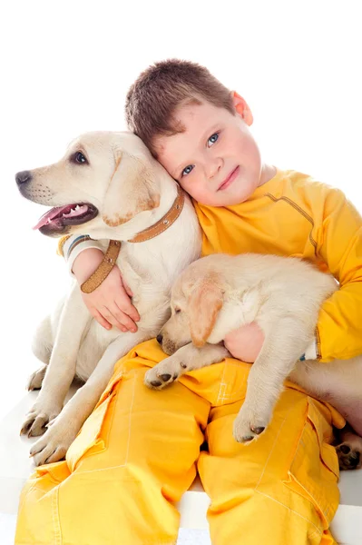 Красивий молодий хлопчик грає зі своїм собакою на білому тлі — стокове фото