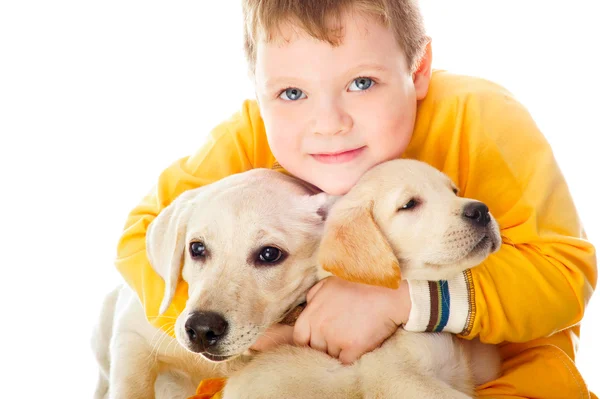 Knappe jongen speelt met zijn hond tegen witte achtergrond — Stockfoto