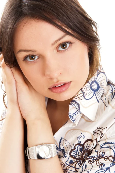 Beautiful European young woman standing with hands near cheek ag — Stock Photo, Image
