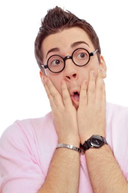 View from front of man in glasses looking at camera with hands o clipart