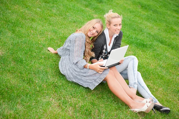 Portrait de deux femmes souriantes utilisant un ordinateur portable sur une prairie verte à — Photo