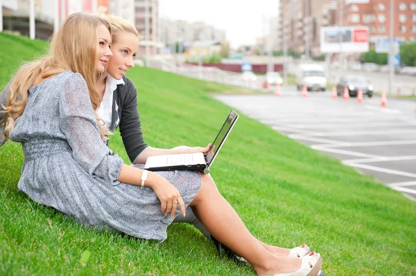 Portrait of two smiling women using laptop on a green meadow at — Stock Photo, Image
