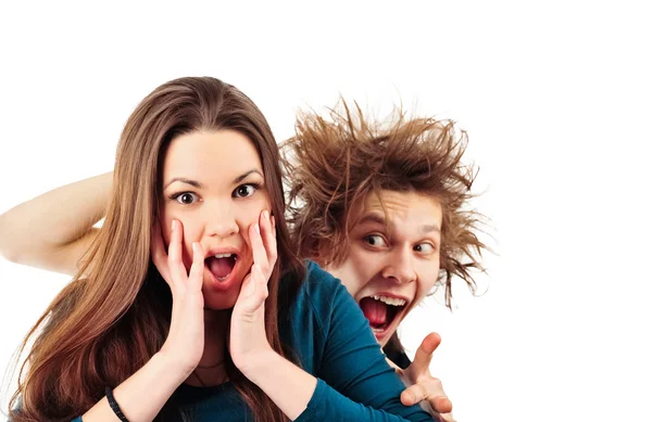 Mad man with funny hairdo tempting young girl for something — Stock Photo, Image