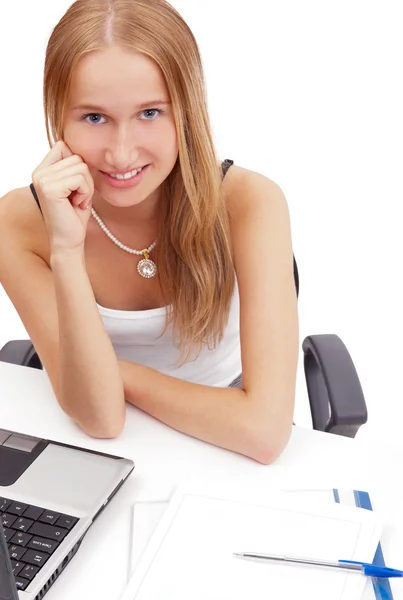 Portret bardzo kobiece student z laptopa i ćwiczenia boo — Zdjęcie stockowe