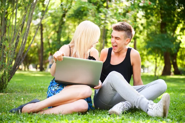 Joven feliz pareja sonriente con portátil en el picnic — Foto de Stock