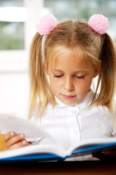Immagine di bambino intelligente che legge un libro interessante in classe — Foto Stock