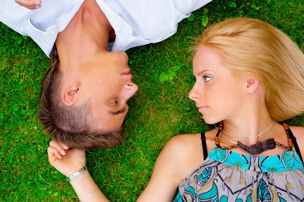 A portrait of a sweet couple in love. Photo from above. Horizont — Stock Photo, Image