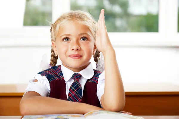 Retrato de una niña en la escuela en el escritorio.Horizontal Shot . — Foto de Stock