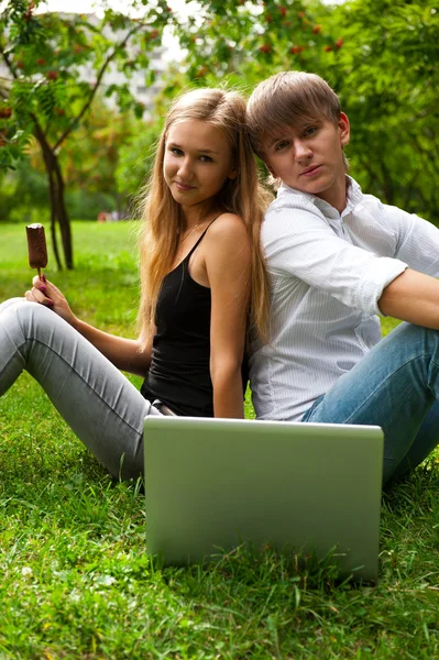 캠퍼스 잔디밭에서 노트북을 사용하는 대학생들 — 스톡 사진