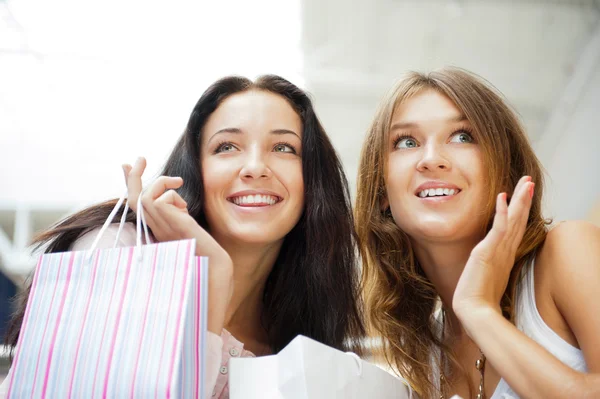 Dos mujeres de compras emocionadas juntas dentro del centro comercial. Horizo Fotos De Stock Sin Royalties Gratis