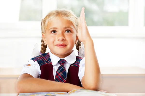 Retrato de una niña en la escuela en el escritorio.Horizontal Shot . — Foto de Stock