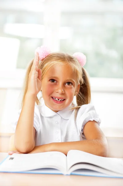 Portret młodej dziewczyny w szkole na biurku. — Zdjęcie stockowe