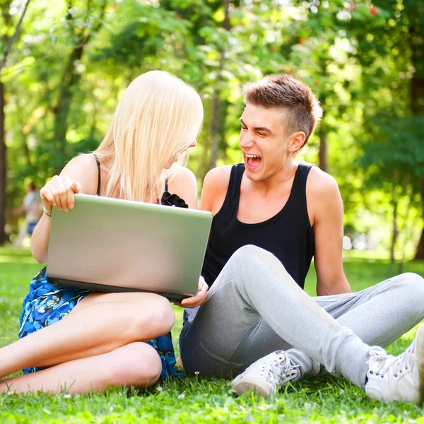 Junges glückliches lächelndes Paar mit Laptop beim Picknick — Stockfoto
