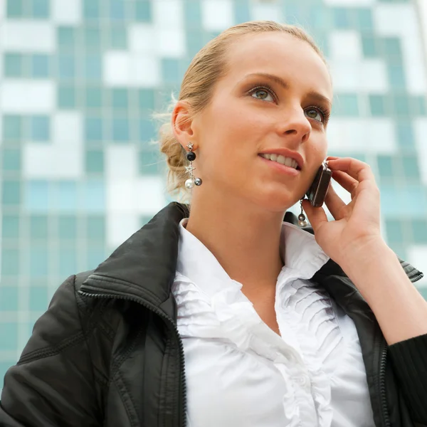 Porträt einer hübschen Geschäftsfrau am Telefon mit einem — Stockfoto