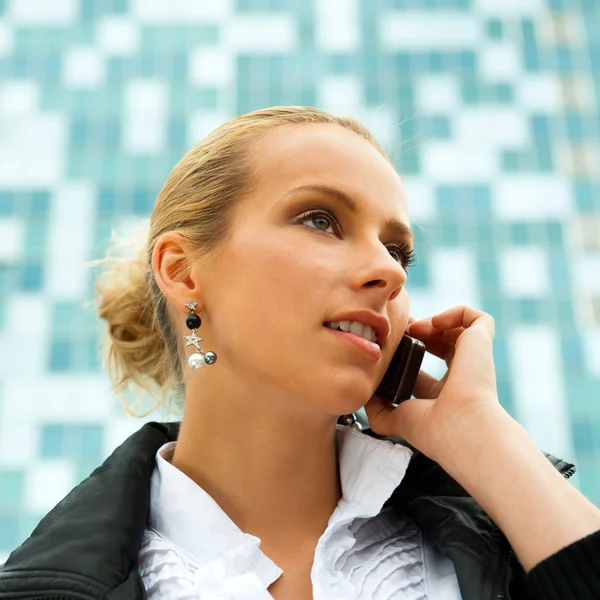 Porträt einer hübschen Geschäftsfrau am Telefon mit einem — Stockfoto