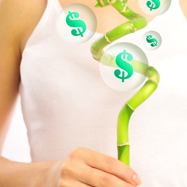 Young woman wearing white underwear holding lucky bamboo in her clipart