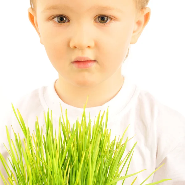 Happy little boy holding green grass in his arms and looking ser — Stock Photo, Image