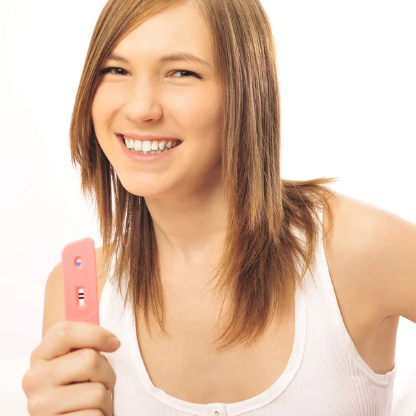 Pregnancy test - happy surprised woman, positive result — Stock Photo, Image