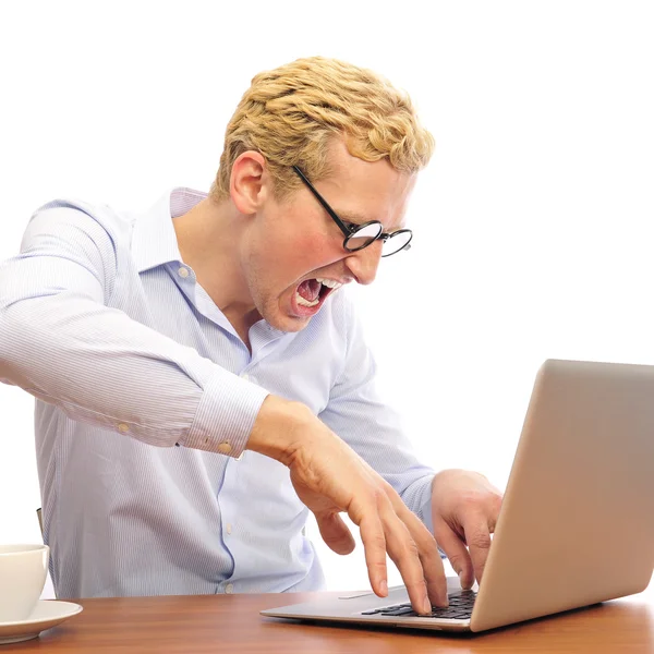 Portrait of funny man screaming during typing a document on his — Stock Photo, Image
