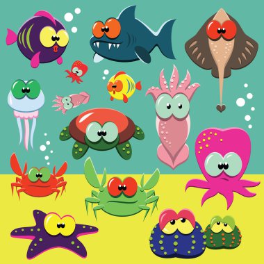 Funny sea animals set clipart