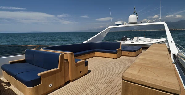 Italy, Tyrrhenian Sea, Tecnomar 35 luxury yacht, flybridge Stock Picture