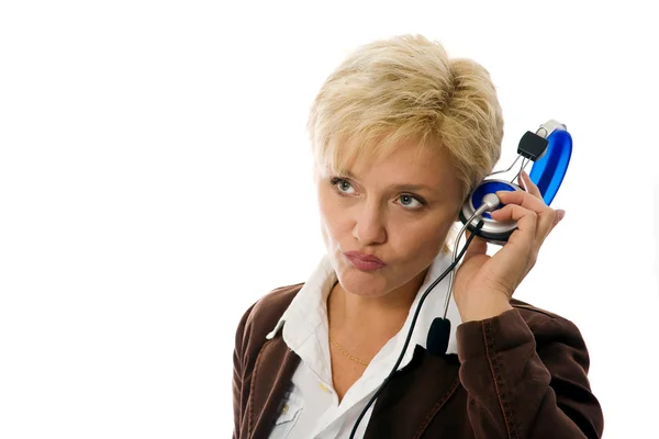 Blond woman with headset — Stock Photo, Image