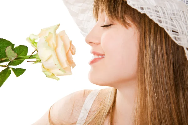 Blonde woman with tea rose — Stock Photo, Image