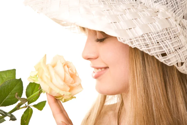 stock image Blonde woman with tea rose