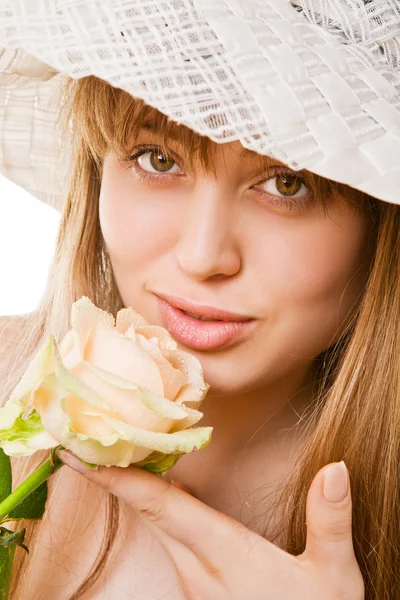 Blond žena tea rose — Stock fotografie