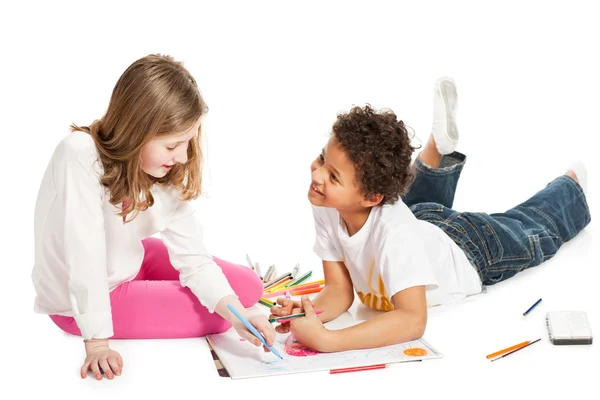 Interracial children drawing together — Stock Photo, Image