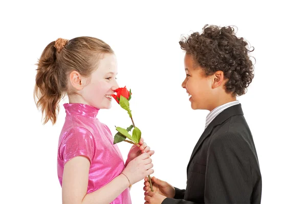 一朵玫瑰给一个女孩的男孩 — 图库照片