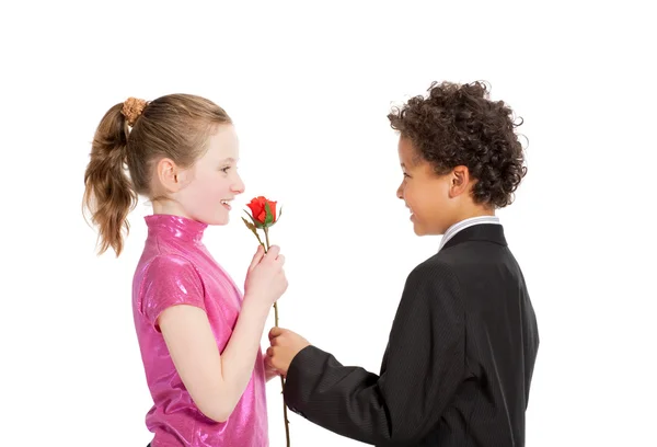 Junge gibt einem Mädchen eine Rose — Stockfoto