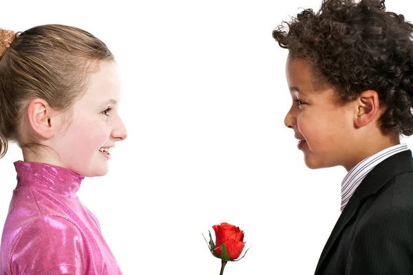 Menino dando uma rosa para uma menina — Fotografia de Stock