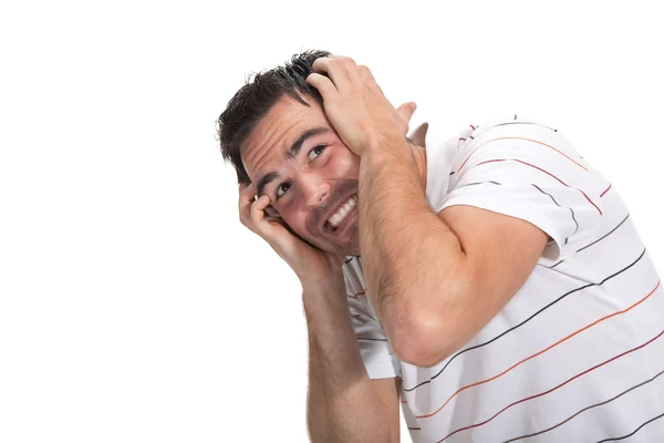 Scared man with hands on head — Stock Photo, Image