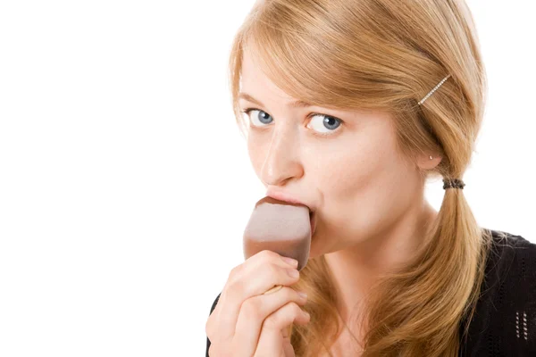 Young blond woman eating ice-cream — Stock Photo, Image