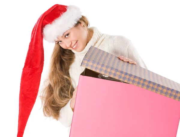 有吸引力的女孩在漂亮的盒子的圣诞老人帽子 — 图库照片