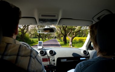 Couple drive along the road clipart