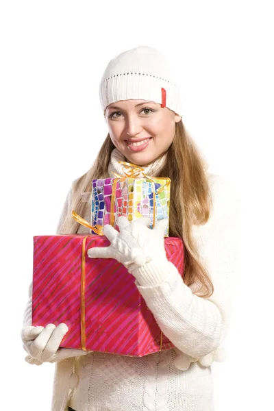 Portré boldog lány egy ajándék — Stock Fotó