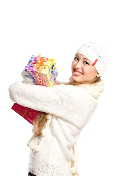 Retrato menina feliz com um presente — Fotografia de Stock