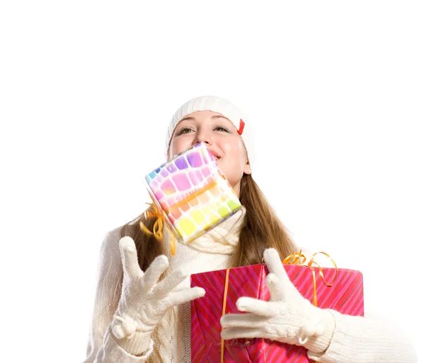 Portret gelukkig meisje met een geschenk — Stockfoto