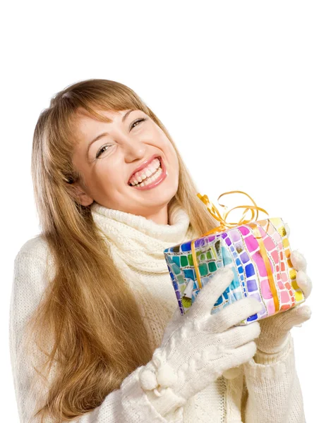 Portré boldog lány egy ajándék — Stock Fotó