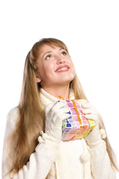 Portrait happy girl with a gift — Stock Photo, Image