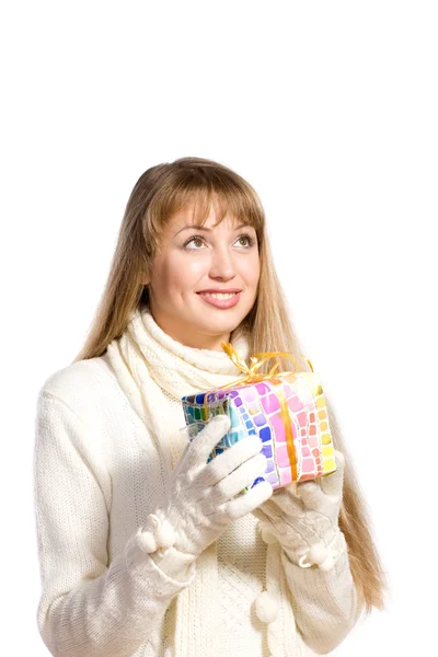 Portrait happy girl with a gift — Stock Photo, Image